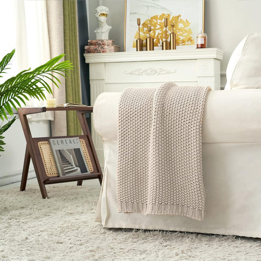 Chunky Cable Knit Throw Blanket Lightweight Beige 100% Organic Cotton Blanket for Sofa Couch Bed Baby Nursery, Rustic Shabby Chic Modern Farmhouse, 60” x 80”