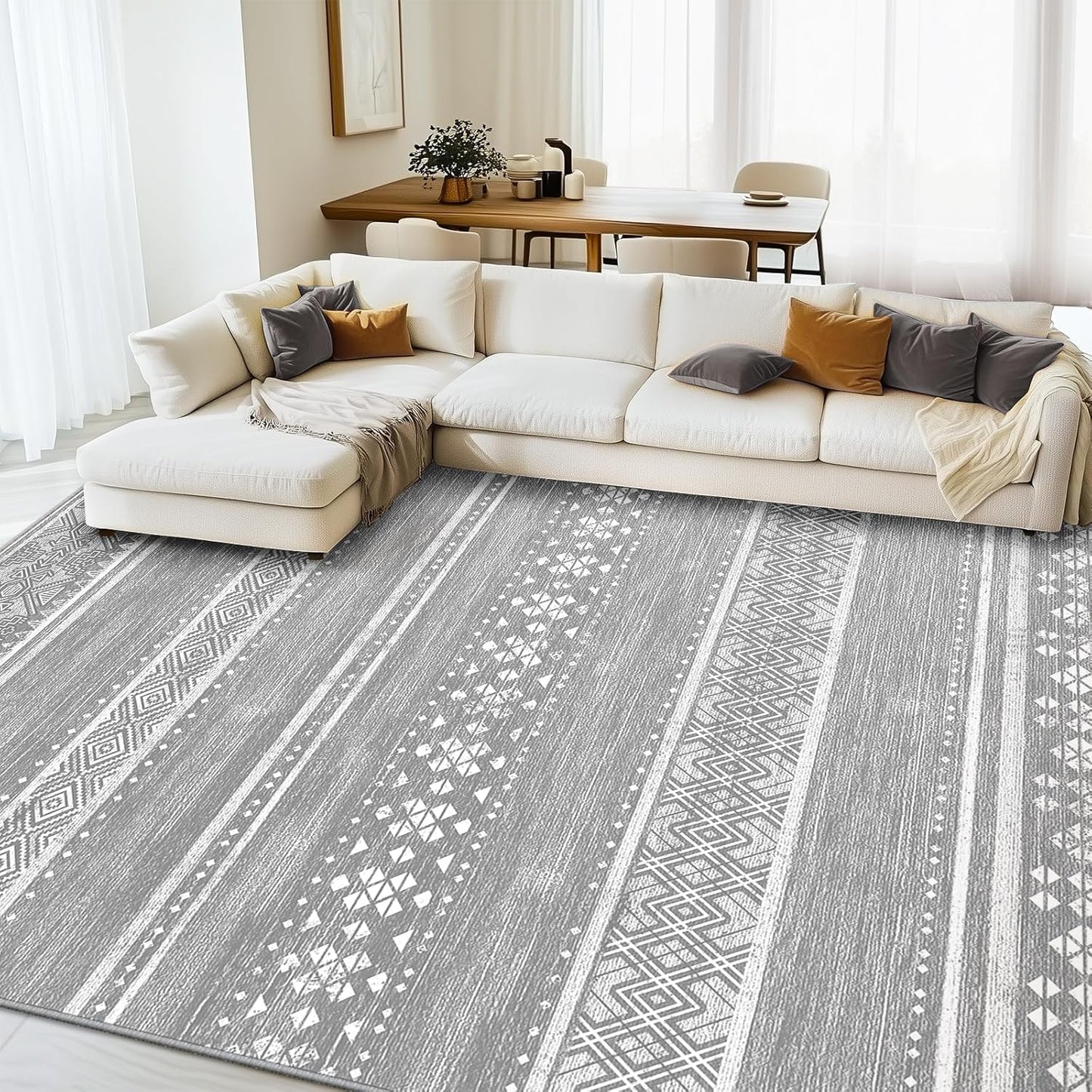 BESTSWEETIE 8x10 Area Rugs for Living Room Washable Moroccan Farmhouse Neutral Geometric Low Pile Non-Slip Soft Print Pattern Rug for Bedroom Kitchen Dining Room Entryway Black/Brown