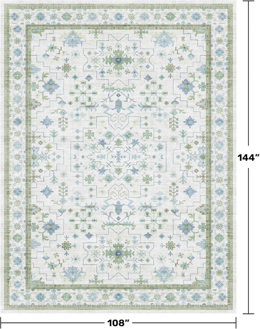 Green Area Rugs 9x12 Living Room - Washable Oriental Geometric, Extra Large for Bedroom Non Slip Soft Faux Wool Carpet for Dining Room Playroom, Lounge - Blue and Green Floral Rug