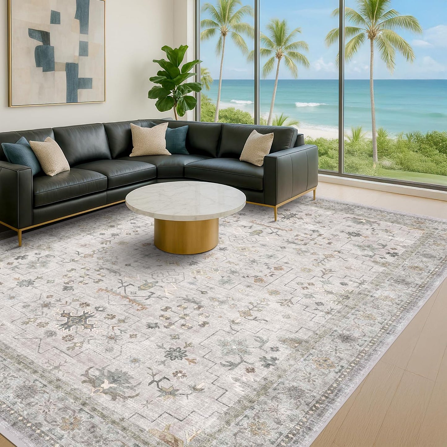 Green Area Rugs 9x12 Living Room - Washable Oriental Geometric, Extra Large for Bedroom Non Slip Soft Faux Wool Carpet for Dining Room Playroom, Lounge - Blue and Green Floral Rug