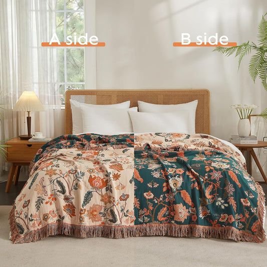Boho Throw Blanket for Bed 60”x80”, 100% Cotton Woven Blanket for Couch Sofa, Ultra Soft 4-Layer Muslin Quilt with Floral Printed, Farmhouse Bed Blanket/Cover for Living Room Decor