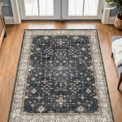 Green Area Rugs 9x12 Living Room - Washable Oriental Geometric, Extra Large for Bedroom Non Slip Soft Faux Wool Carpet for Dining Room Playroom, Lounge - Blue and Green Floral Rug
