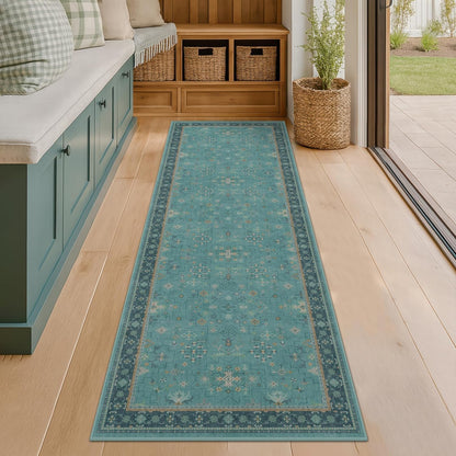 Green Area Rugs 9x12 Living Room - Washable Oriental Geometric, Extra Large for Bedroom Non Slip Soft Faux Wool Carpet for Dining Room Playroom, Lounge - Blue and Green Floral Rug