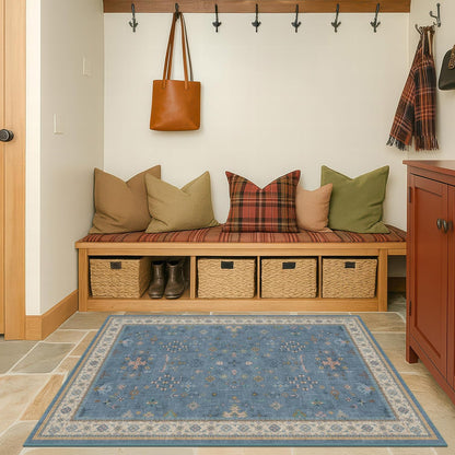 Green Area Rugs 9x12 Living Room - Washable Oriental Geometric, Extra Large for Bedroom Non Slip Soft Faux Wool Carpet for Dining Room Playroom, Lounge - Blue and Green Floral Rug