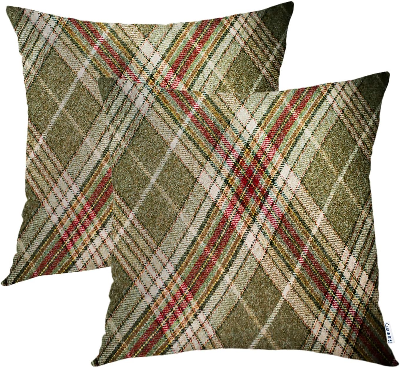 Batmerry Scottish Tartan Throw Pillow Covers, Green Wool Plaid Symmetric Square Fashion Decorative Pillow Covers Digital Printing Blended Fabric for Couch Sofa Bed Invisible Zipper 24X24 in(Set of 2)