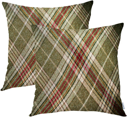 Batmerry Scottish Tartan Throw Pillow Covers, Green Wool Plaid Symmetric Square Fashion Decorative Pillow Covers Digital Printing Blended Fabric for Couch Sofa Bed Invisible Zipper 24X24 in(Set of 2)