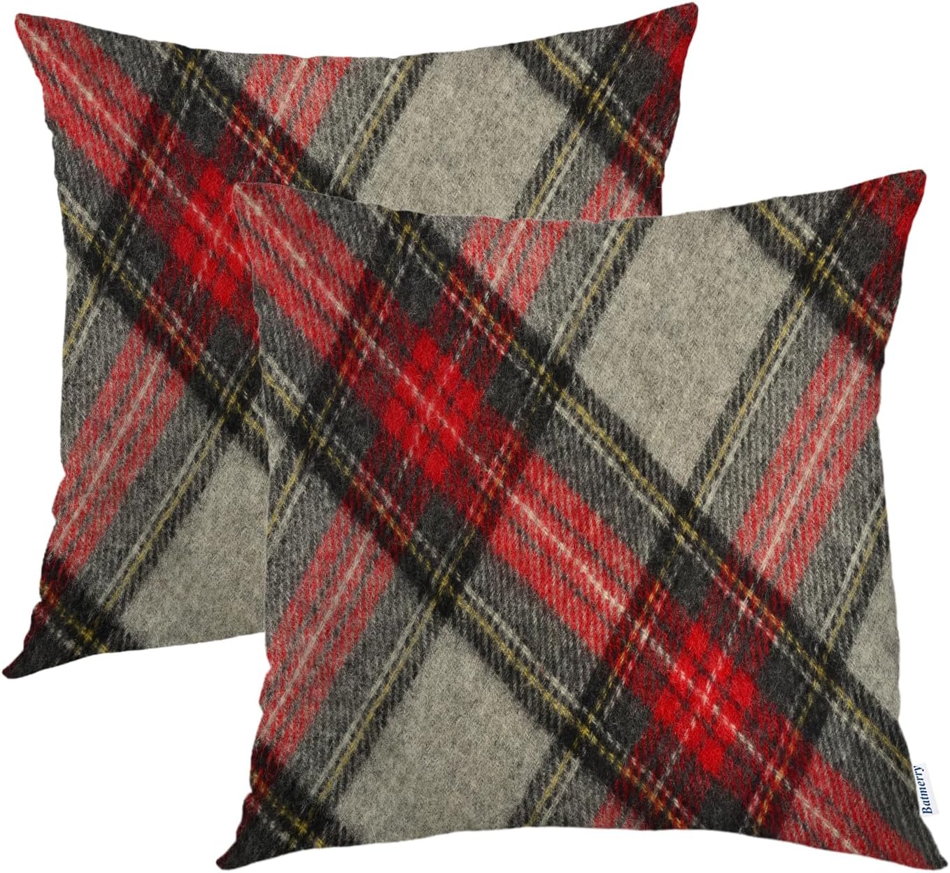 Batmerry Scottish Tartan Throw Pillow Covers, Green Wool Plaid Symmetric Square Fashion Decorative Pillow Covers Digital Printing Blended Fabric for Couch Sofa Bed Invisible Zipper 24X24 in(Set of 2)