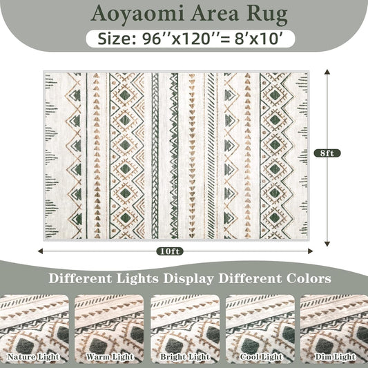 Area Rug Living Room Rugs 8x10 - Large Soft Boho Geometric Rug, Non-Slip Foldable Washable Rugs Non Shedding Morden Indoor Floor Carpet for Living Room Bedroom Office Dining Room(Brown Green,8'x10')
