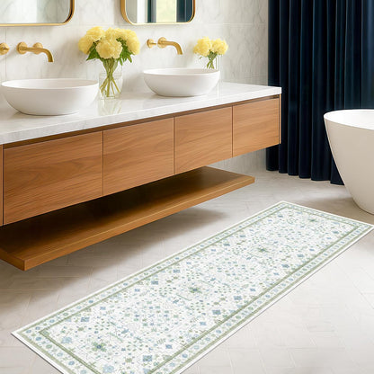 Green Area Rugs 9x12 Living Room - Washable Oriental Geometric, Extra Large for Bedroom Non Slip Soft Faux Wool Carpet for Dining Room Playroom, Lounge - Blue and Green Floral Rug