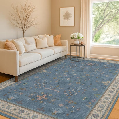 Green Area Rugs 9x12 Living Room - Washable Oriental Geometric, Extra Large for Bedroom Non Slip Soft Faux Wool Carpet for Dining Room Playroom, Lounge - Blue and Green Floral Rug