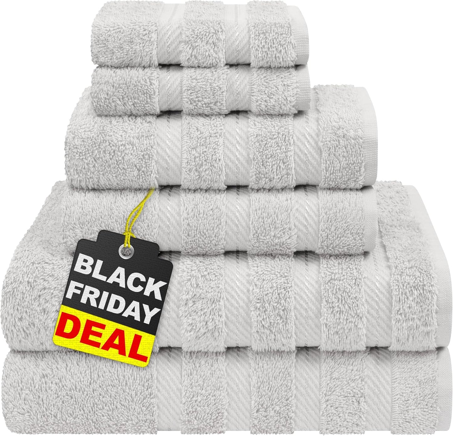 American Soft Linen Luxury 6 Piece Towel Set, 2 Bath Towels 2 Hand Towel 2 Washcloths, 600 GSM 100% Cotton Turkish Towels for Bathroom, Light Grey Towel Sets