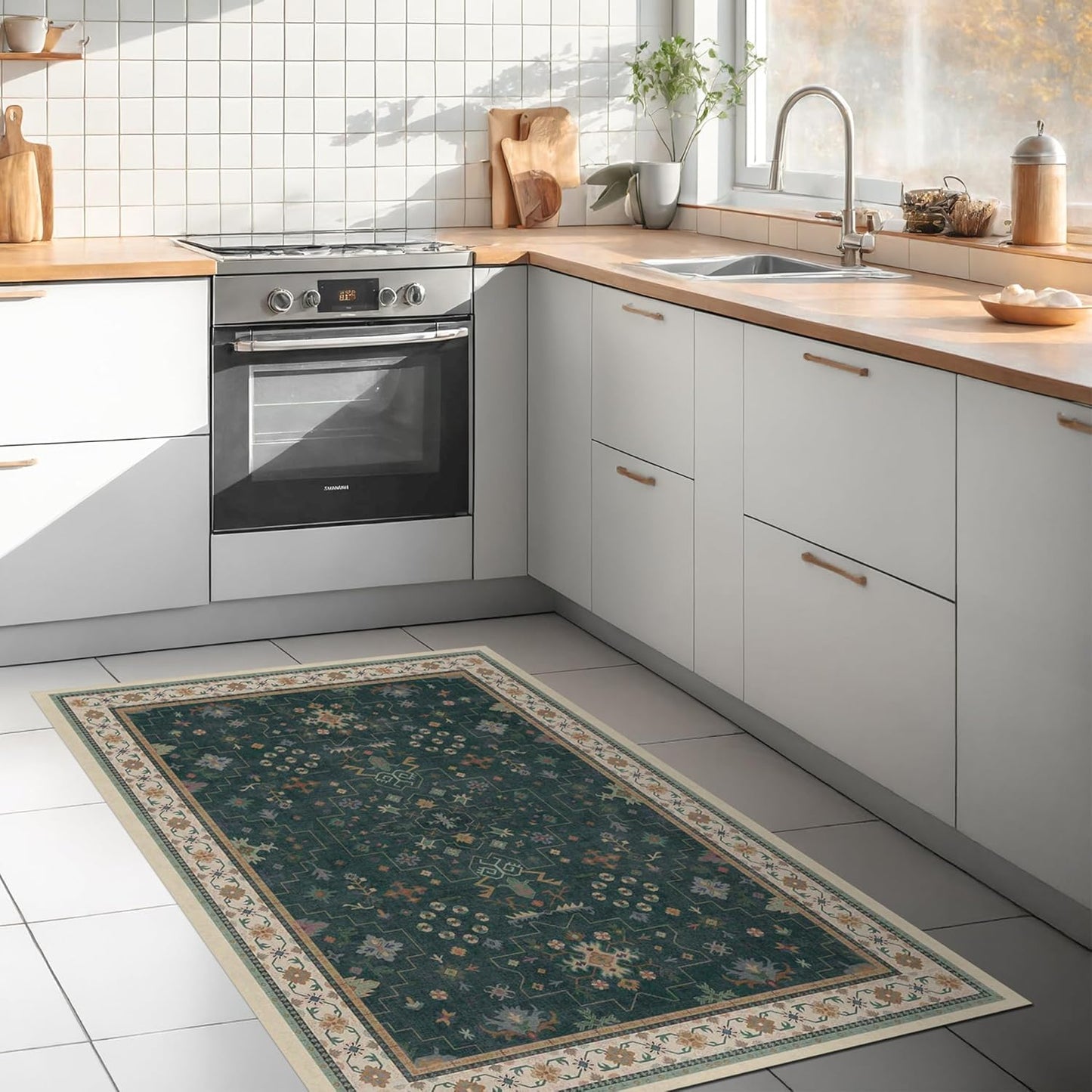 Green Area Rugs 9x12 Living Room - Washable Oriental Geometric, Extra Large for Bedroom Non Slip Soft Faux Wool Carpet for Dining Room Playroom, Lounge - Blue and Green Floral Rug