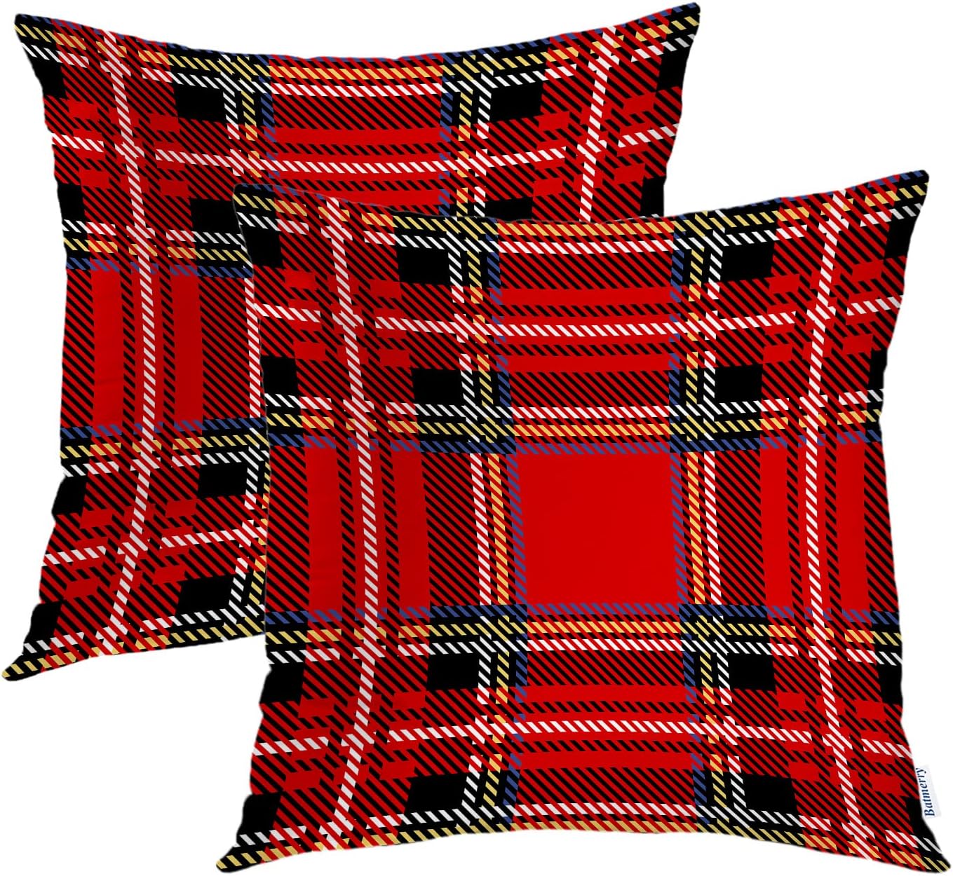 Batmerry Scottish Tartan Throw Pillow Covers, Green Wool Plaid Symmetric Square Fashion Decorative Pillow Covers Digital Printing Blended Fabric for Couch Sofa Bed Invisible Zipper 24X24 in(Set of 2)