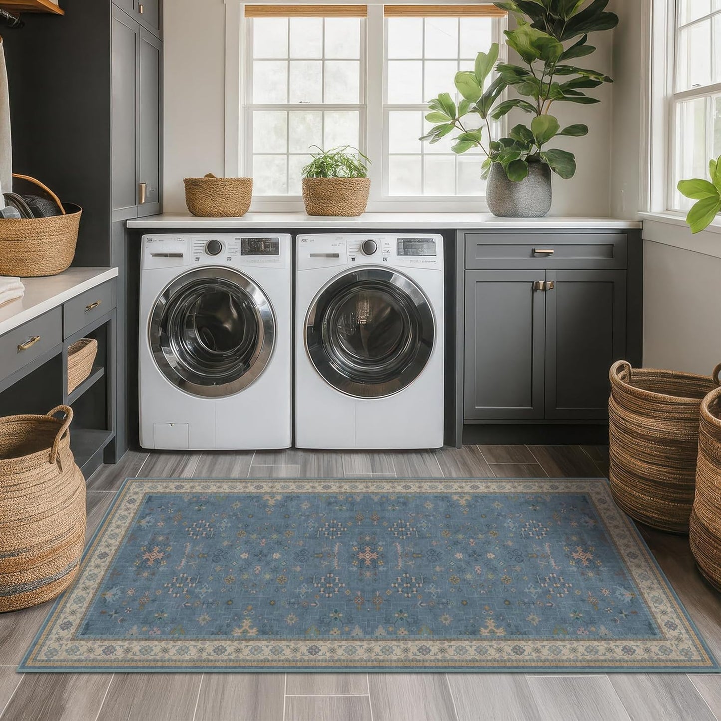 Green Area Rugs 9x12 Living Room - Washable Oriental Geometric, Extra Large for Bedroom Non Slip Soft Faux Wool Carpet for Dining Room Playroom, Lounge - Blue and Green Floral Rug