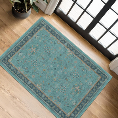 Green Area Rugs 9x12 Living Room - Washable Oriental Geometric, Extra Large for Bedroom Non Slip Soft Faux Wool Carpet for Dining Room Playroom, Lounge - Blue and Green Floral Rug
