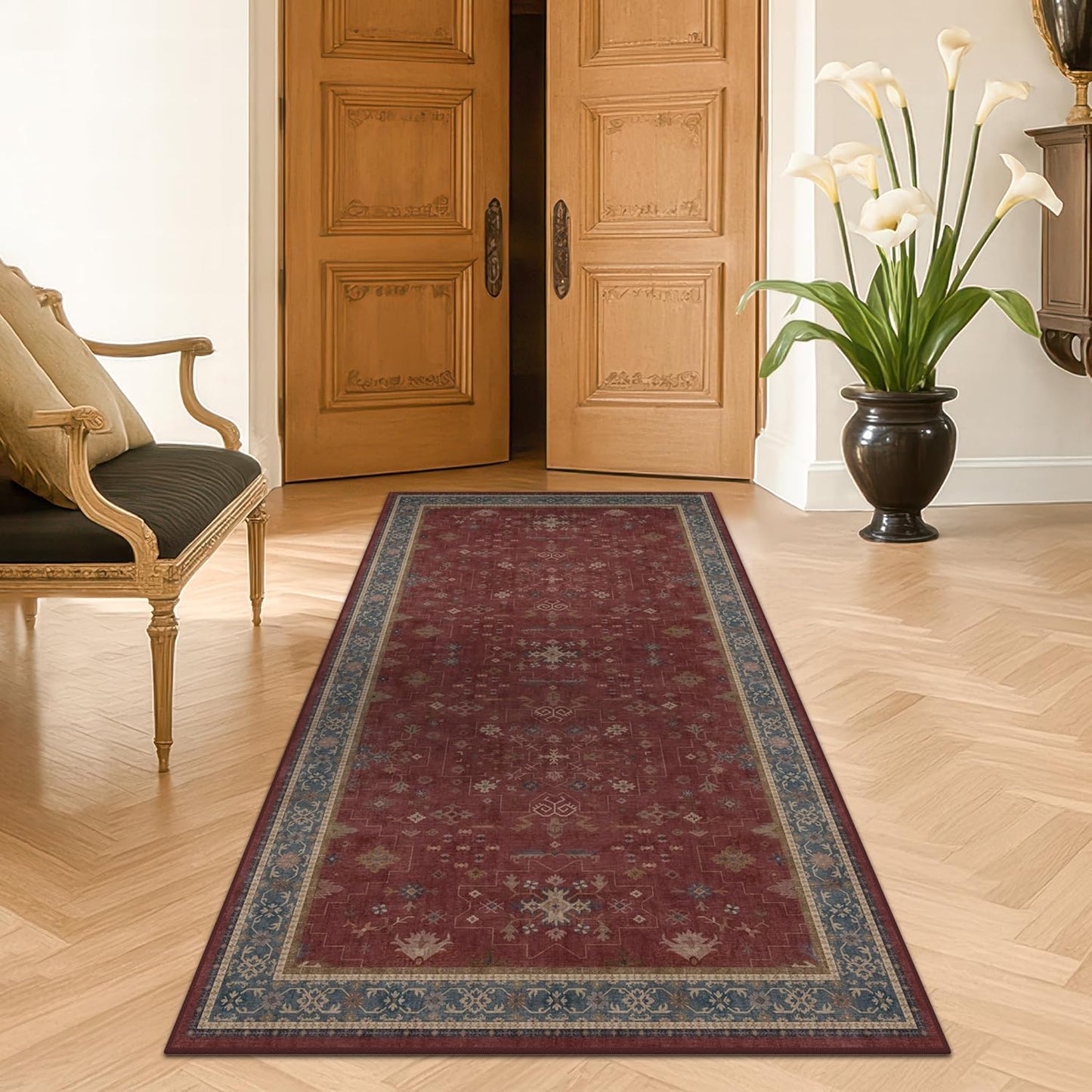 Green Area Rugs 9x12 Living Room - Washable Oriental Geometric, Extra Large for Bedroom Non Slip Soft Faux Wool Carpet for Dining Room Playroom, Lounge - Blue and Green Floral Rug