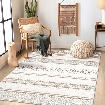 BESTSWEETIE 8x10 Area Rugs for Living Room Washable Moroccan Farmhouse Neutral Geometric Low Pile Non-Slip Soft Print Pattern Rug for Bedroom Kitchen Dining Room Entryway Black/Brown