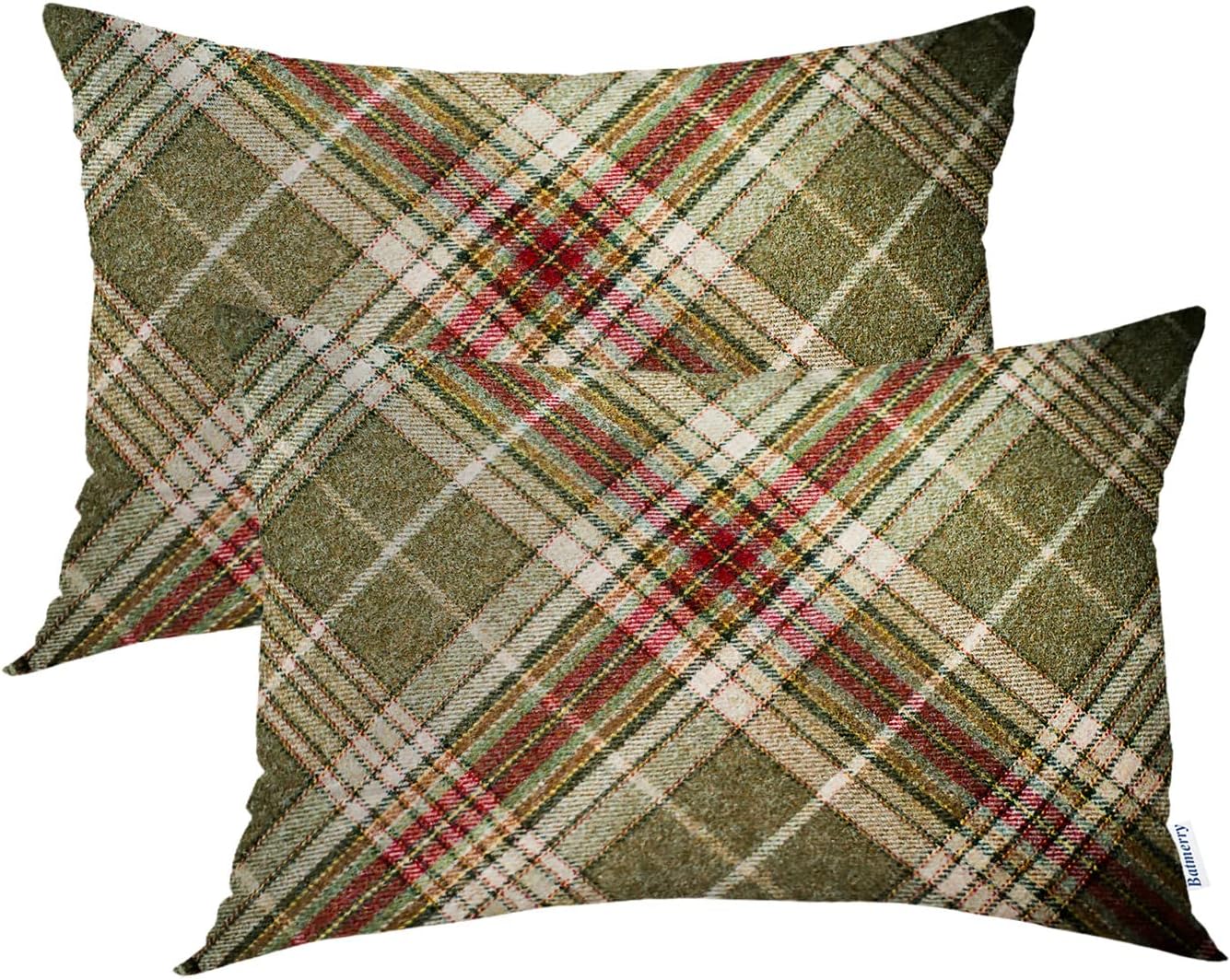 Batmerry Scottish Tartan Throw Pillow Covers, Green Wool Plaid Symmetric Square Fashion Decorative Pillow Covers Digital Printing Blended Fabric for Couch Sofa Bed Invisible Zipper 24X24 in(Set of 2)