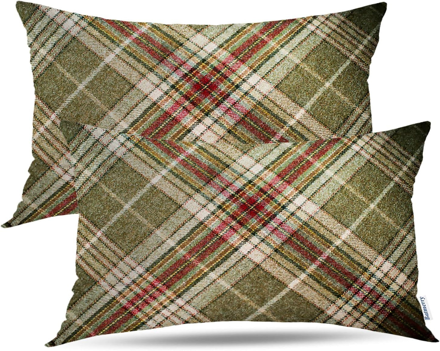 Batmerry Scottish Tartan Throw Pillow Covers, Green Wool Plaid Symmetric Square Fashion Decorative Pillow Covers Digital Printing Blended Fabric for Couch Sofa Bed Invisible Zipper 24X24 in(Set of 2)