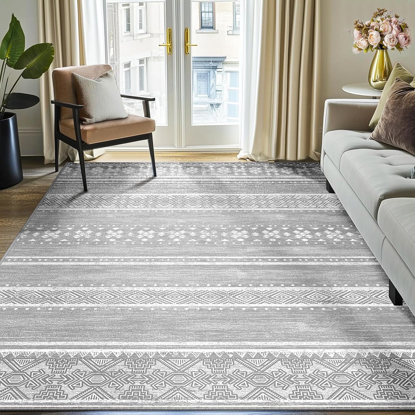 BESTSWEETIE 8x10 Area Rugs for Living Room Washable Moroccan Farmhouse Neutral Geometric Low Pile Non-Slip Soft Print Pattern Rug for Bedroom Kitchen Dining Room Entryway Black/Brown