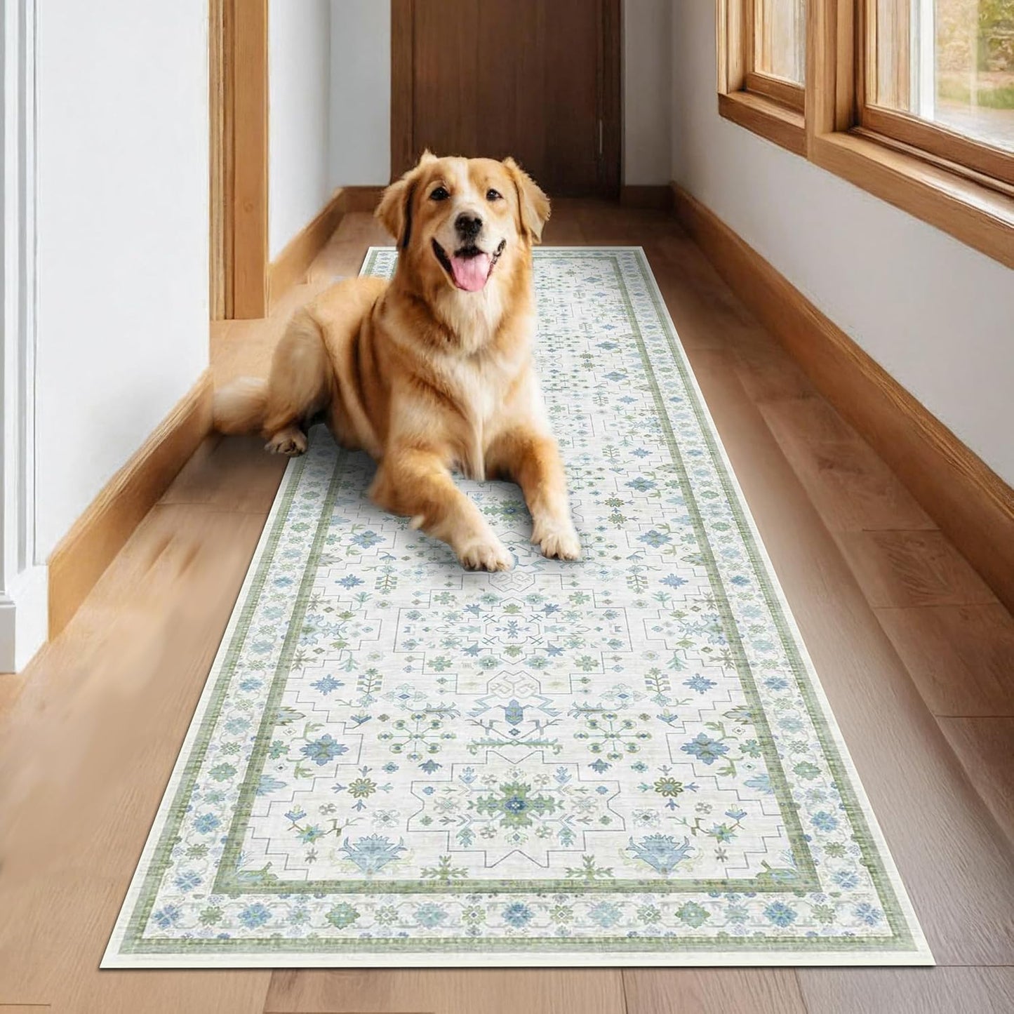 Green Area Rugs 9x12 Living Room - Washable Oriental Geometric, Extra Large for Bedroom Non Slip Soft Faux Wool Carpet for Dining Room Playroom, Lounge - Blue and Green Floral Rug