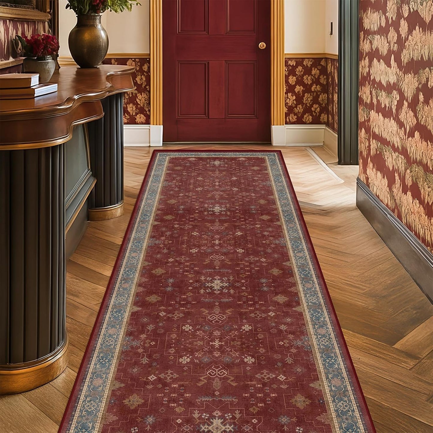 Green Area Rugs 9x12 Living Room - Washable Oriental Geometric, Extra Large for Bedroom Non Slip Soft Faux Wool Carpet for Dining Room Playroom, Lounge - Blue and Green Floral Rug