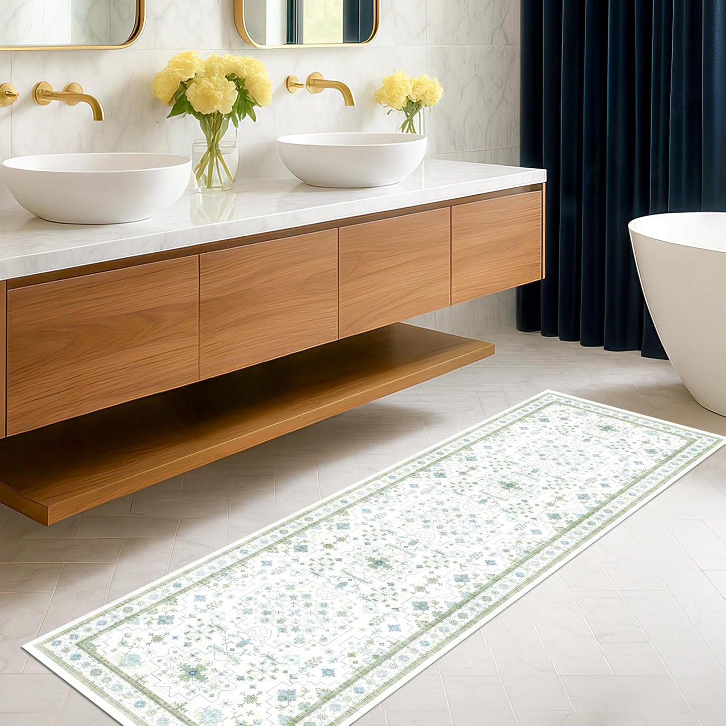 Green Area Rugs 9x12 Living Room - Washable Oriental Geometric, Extra Large for Bedroom Non Slip Soft Faux Wool Carpet for Dining Room Playroom, Lounge - Blue and Green Floral Rug