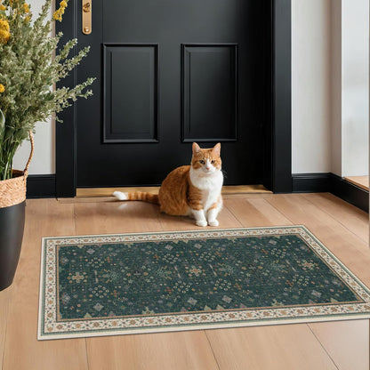 Green Area Rugs 9x12 Living Room - Washable Oriental Geometric, Extra Large for Bedroom Non Slip Soft Faux Wool Carpet for Dining Room Playroom, Lounge - Blue and Green Floral Rug