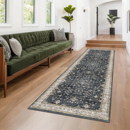 Green Area Rugs 9x12 Living Room - Washable Oriental Geometric, Extra Large for Bedroom Non Slip Soft Faux Wool Carpet for Dining Room Playroom, Lounge - Blue and Green Floral Rug