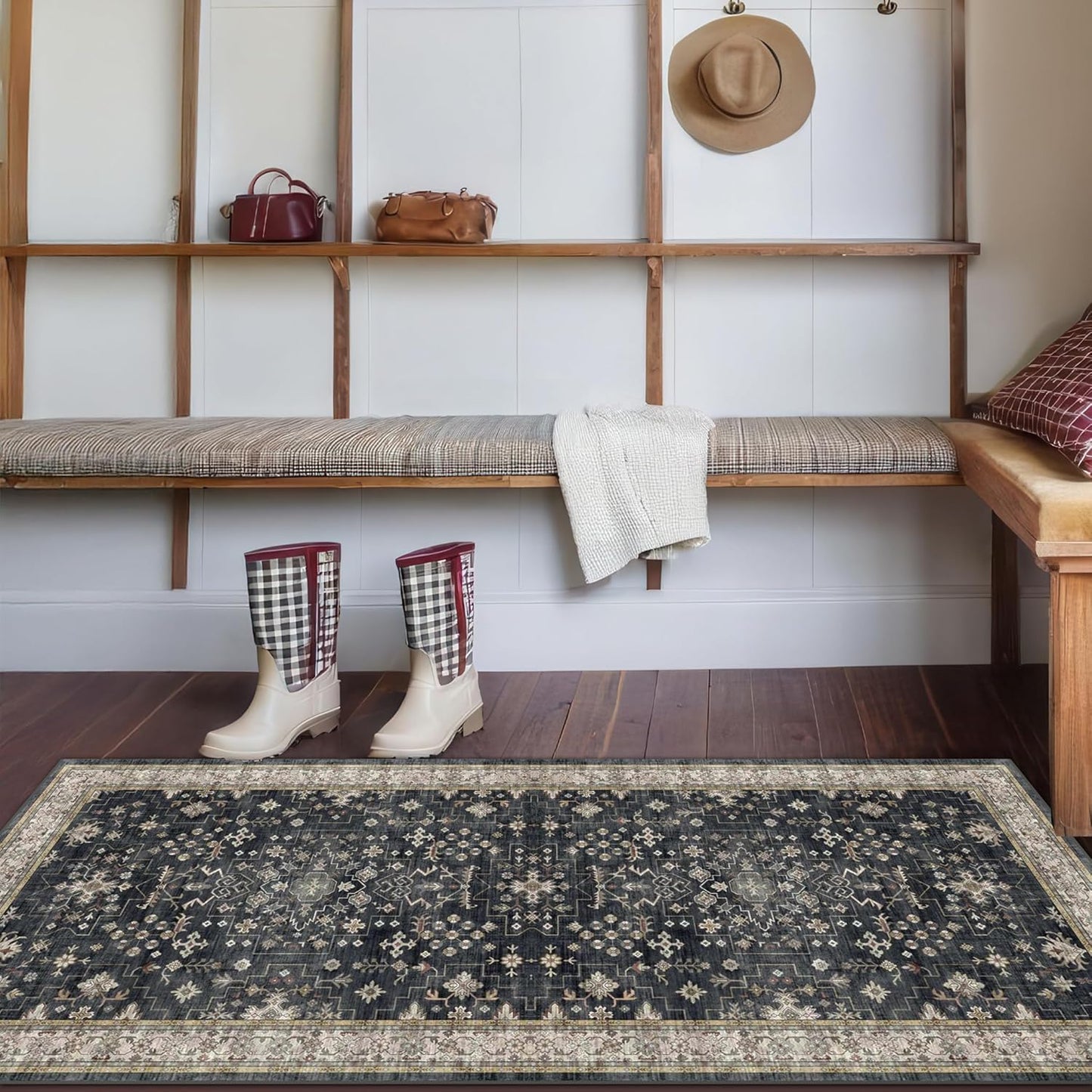 Green Area Rugs 9x12 Living Room - Washable Oriental Geometric, Extra Large for Bedroom Non Slip Soft Faux Wool Carpet for Dining Room Playroom, Lounge - Blue and Green Floral Rug