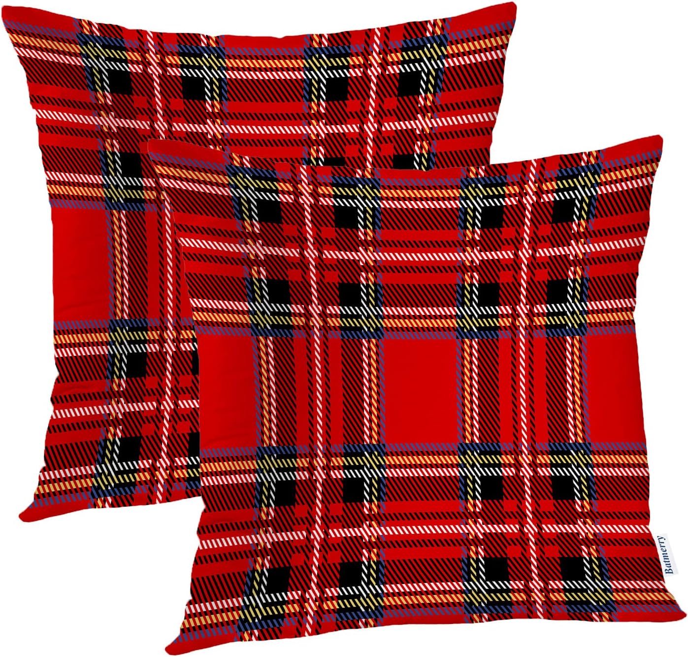 Batmerry Scottish Tartan Throw Pillow Covers, Green Wool Plaid Symmetric Square Fashion Decorative Pillow Covers Digital Printing Blended Fabric for Couch Sofa Bed Invisible Zipper 24X24 in(Set of 2)