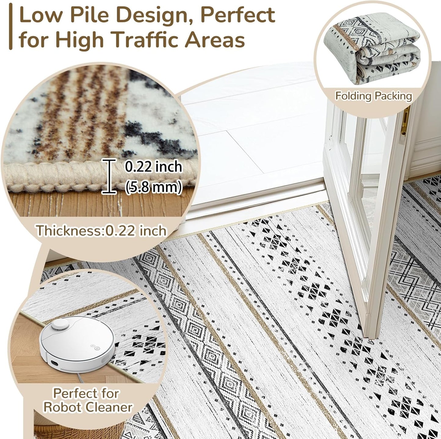 BESTSWEETIE 8x10 Area Rugs for Living Room Washable Moroccan Farmhouse Neutral Geometric Low Pile Non-Slip Soft Print Pattern Rug for Bedroom Kitchen Dining Room Entryway Black/Brown