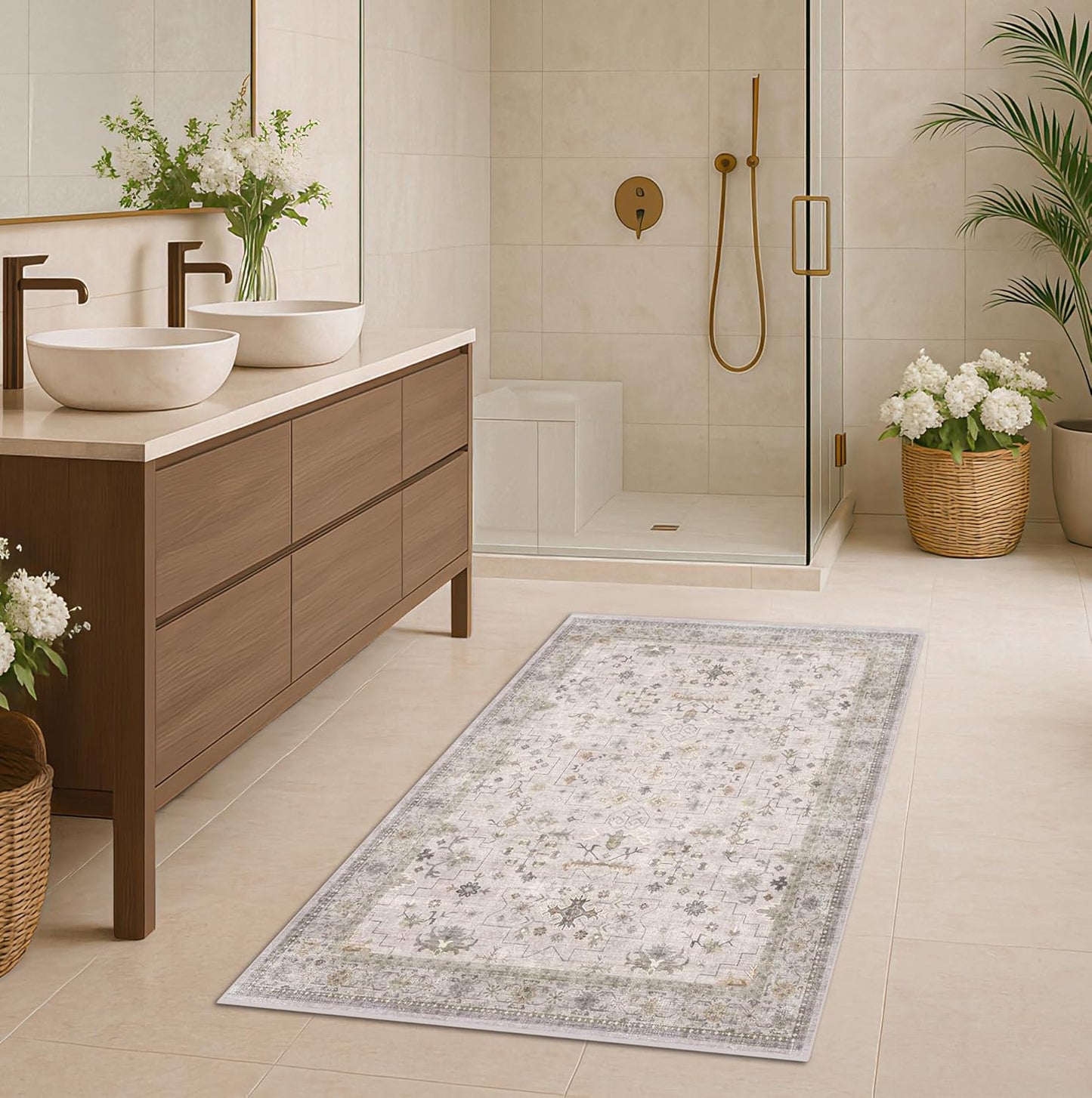 Green Area Rugs 9x12 Living Room - Washable Oriental Geometric, Extra Large for Bedroom Non Slip Soft Faux Wool Carpet for Dining Room Playroom, Lounge - Blue and Green Floral Rug