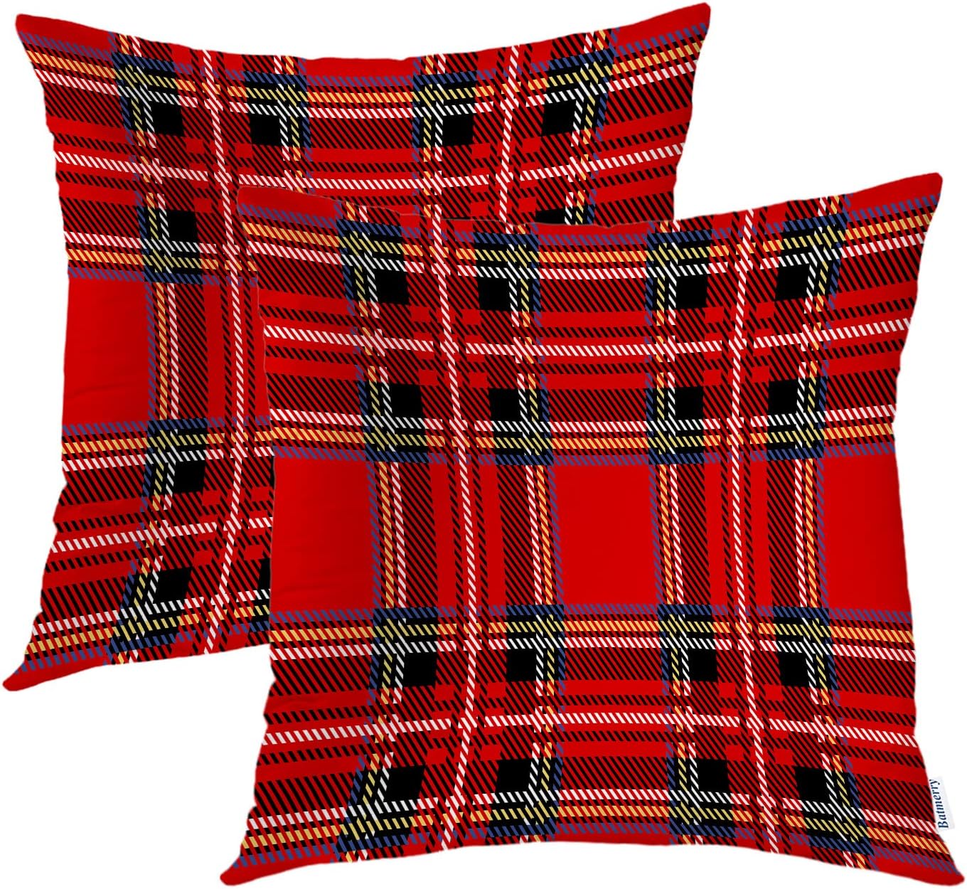 Batmerry Scottish Tartan Throw Pillow Covers, Green Wool Plaid Symmetric Square Fashion Decorative Pillow Covers Digital Printing Blended Fabric for Couch Sofa Bed Invisible Zipper 24X24 in(Set of 2)