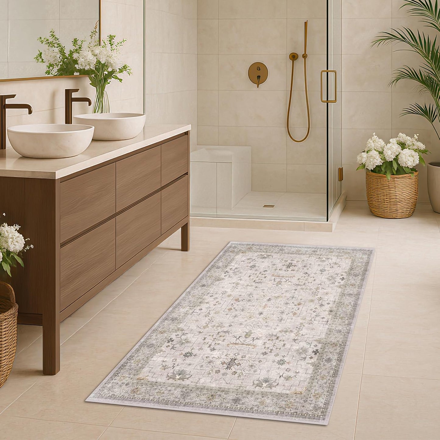 Green Area Rugs 9x12 Living Room - Washable Oriental Geometric, Extra Large for Bedroom Non Slip Soft Faux Wool Carpet for Dining Room Playroom, Lounge - Blue and Green Floral Rug