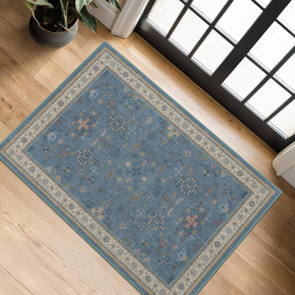 Green Area Rugs 9x12 Living Room - Washable Oriental Geometric, Extra Large for Bedroom Non Slip Soft Faux Wool Carpet for Dining Room Playroom, Lounge - Blue and Green Floral Rug