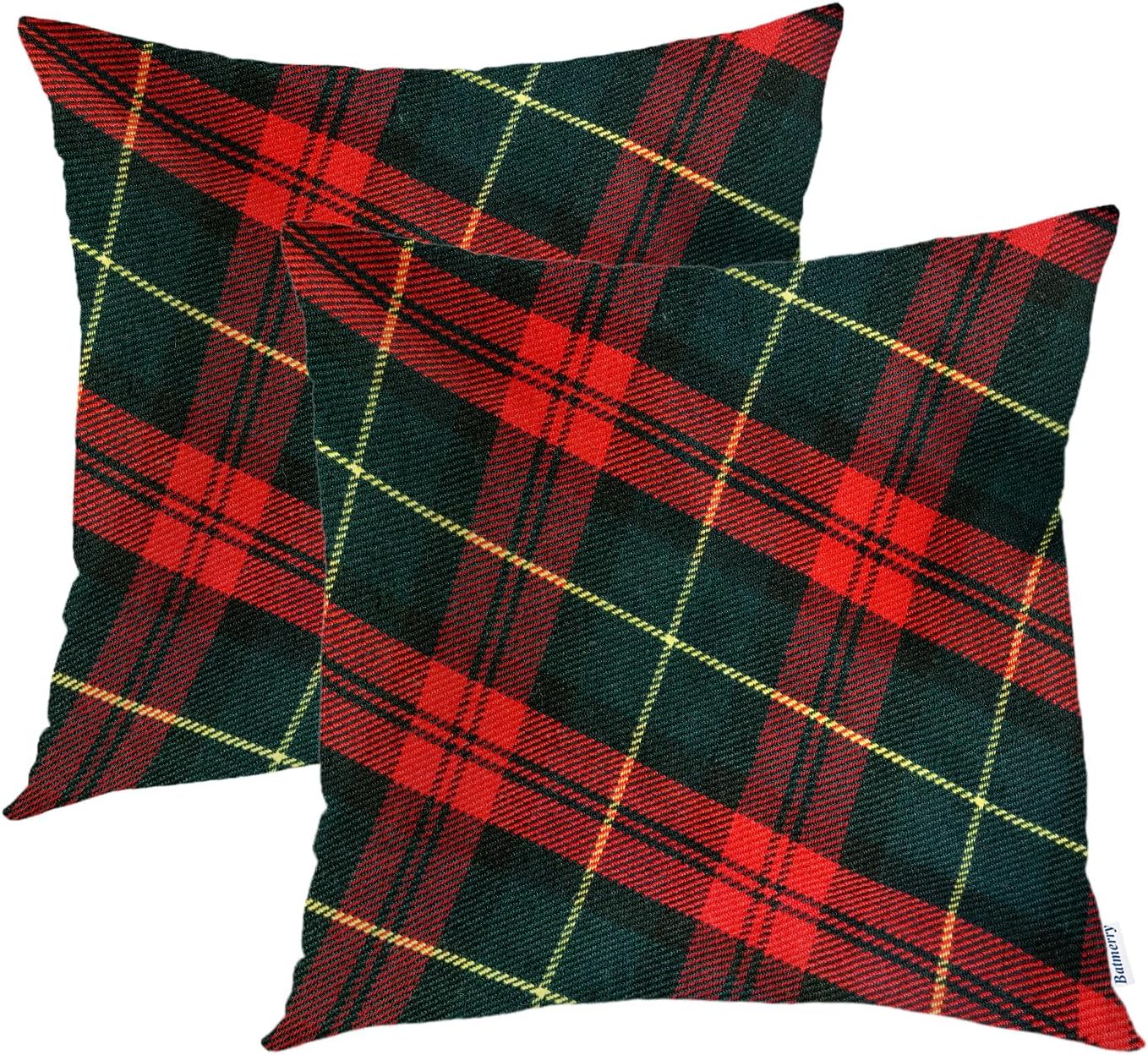 Batmerry Scottish Tartan Throw Pillow Covers, Green Wool Plaid Symmetric Square Fashion Decorative Pillow Covers Digital Printing Blended Fabric for Couch Sofa Bed Invisible Zipper 24X24 in(Set of 2)