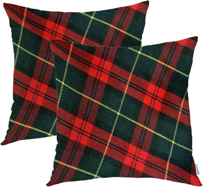 Batmerry Scottish Tartan Throw Pillow Covers, Green Wool Plaid Symmetric Square Fashion Decorative Pillow Covers Digital Printing Blended Fabric for Couch Sofa Bed Invisible Zipper 24X24 in(Set of 2)