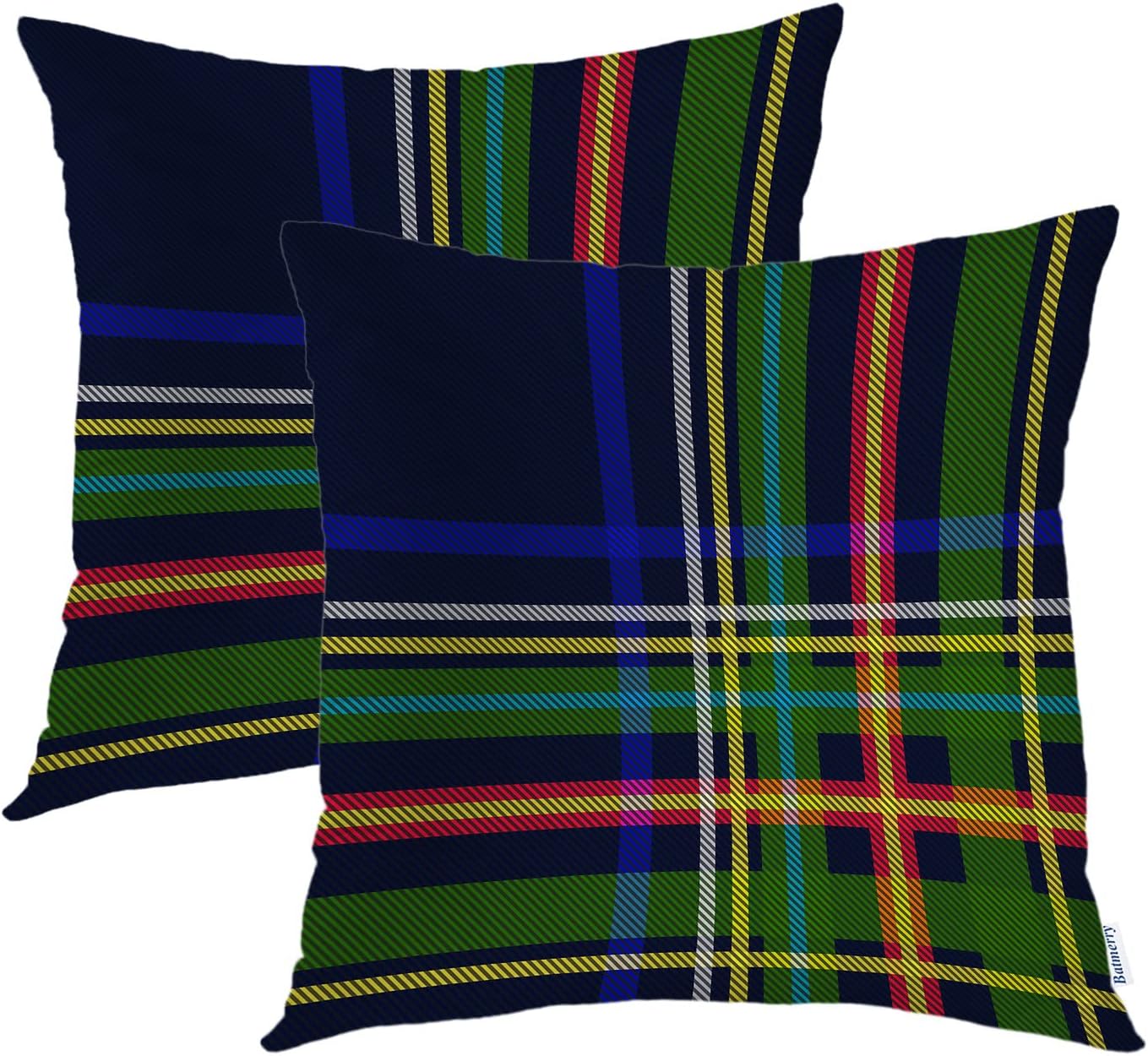 Batmerry Scottish Tartan Throw Pillow Covers, Green Wool Plaid Symmetric Square Fashion Decorative Pillow Covers Digital Printing Blended Fabric for Couch Sofa Bed Invisible Zipper 24X24 in(Set of 2)