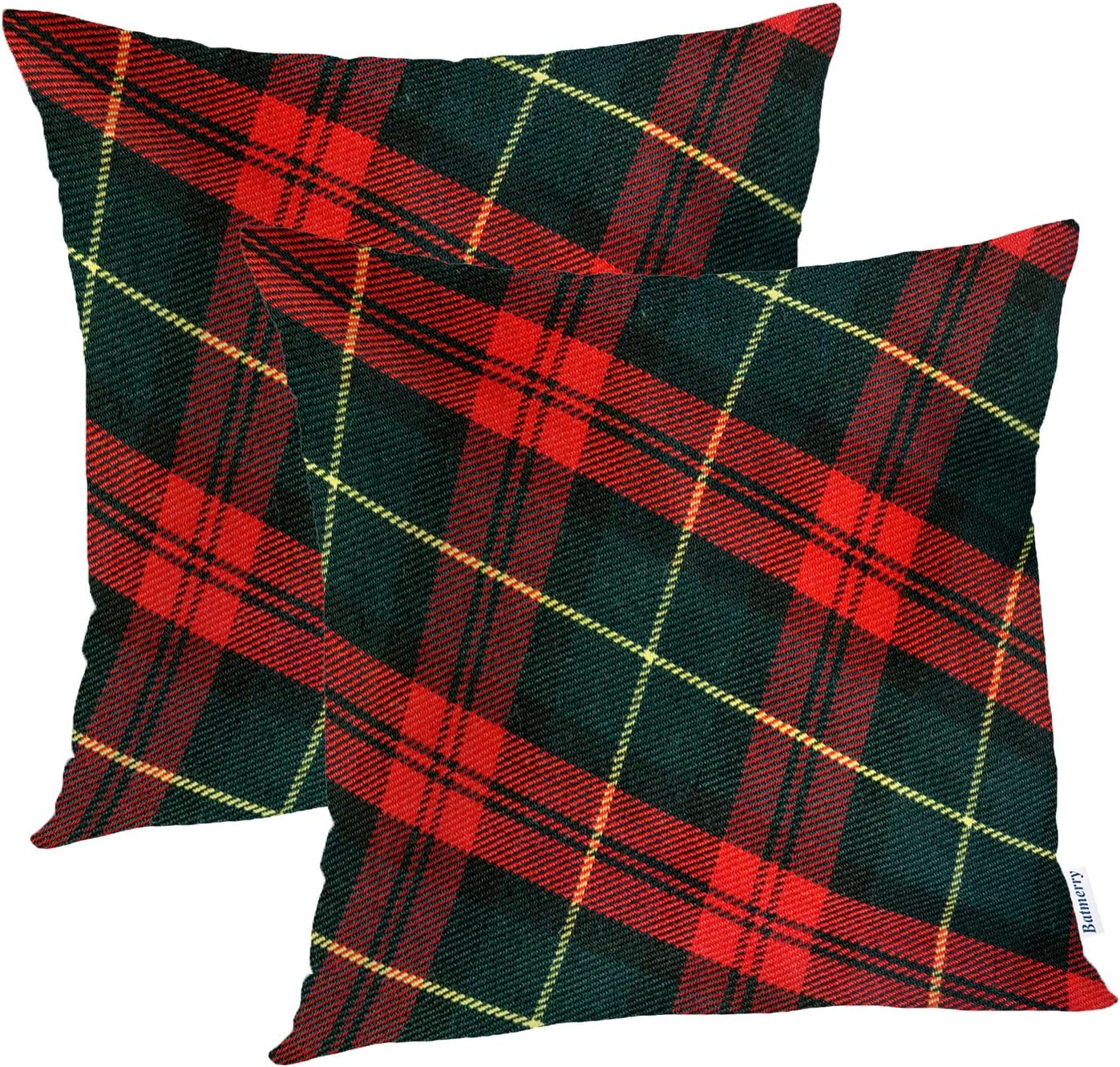 Batmerry Scottish Tartan Throw Pillow Covers, Green Wool Plaid Symmetric Square Fashion Decorative Pillow Covers Digital Printing Blended Fabric for Couch Sofa Bed Invisible Zipper 24X24 in(Set of 2)