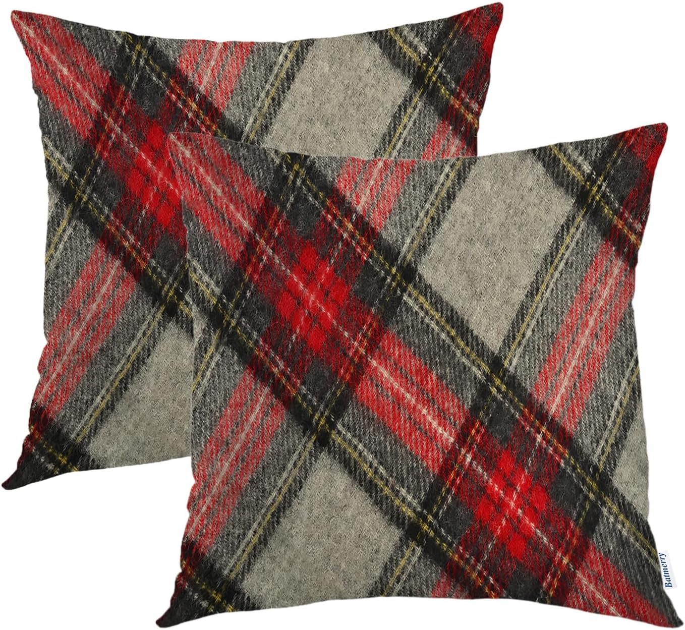 Batmerry Scottish Tartan Throw Pillow Covers, Green Wool Plaid Symmetric Square Fashion Decorative Pillow Covers Digital Printing Blended Fabric for Couch Sofa Bed Invisible Zipper 24X24 in(Set of 2)