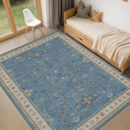 Green Area Rugs 9x12 Living Room - Washable Oriental Geometric, Extra Large for Bedroom Non Slip Soft Faux Wool Carpet for Dining Room Playroom, Lounge - Blue and Green Floral Rug