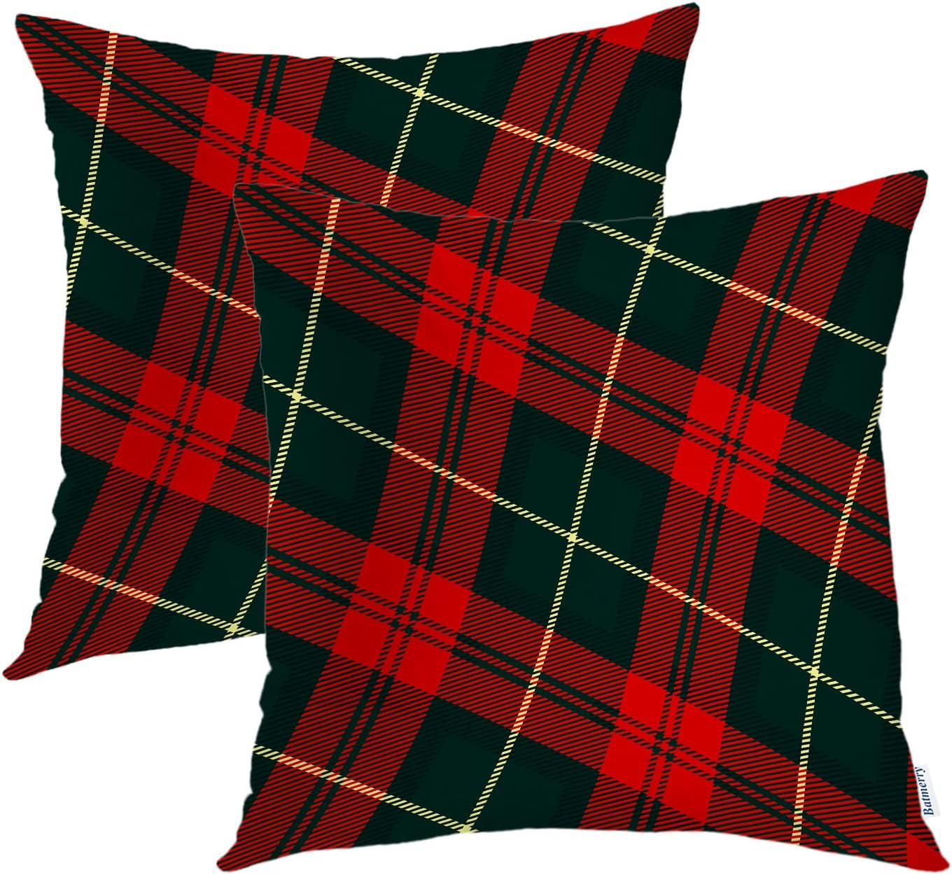 Batmerry Scottish Tartan Throw Pillow Covers, Green Wool Plaid Symmetric Square Fashion Decorative Pillow Covers Digital Printing Blended Fabric for Couch Sofa Bed Invisible Zipper 24X24 in(Set of 2)