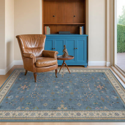 Green Area Rugs 9x12 Living Room - Washable Oriental Geometric, Extra Large for Bedroom Non Slip Soft Faux Wool Carpet for Dining Room Playroom, Lounge - Blue and Green Floral Rug