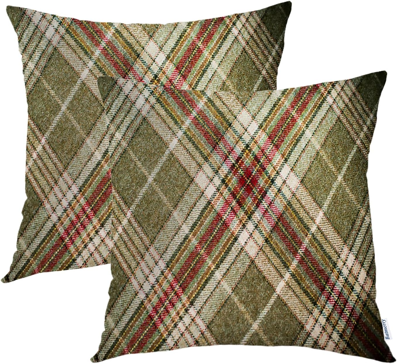 Batmerry Scottish Tartan Throw Pillow Covers, Green Wool Plaid Symmetric Square Fashion Decorative Pillow Covers Digital Printing Blended Fabric for Couch Sofa Bed Invisible Zipper 24X24 in(Set of 2)