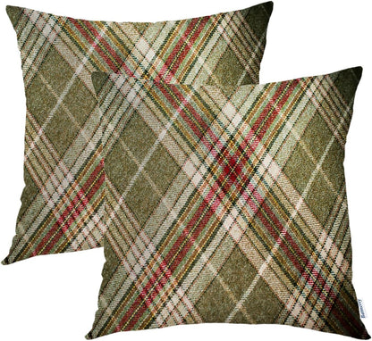 Batmerry Scottish Tartan Throw Pillow Covers, Green Wool Plaid Symmetric Square Fashion Decorative Pillow Covers Digital Printing Blended Fabric for Couch Sofa Bed Invisible Zipper 24X24 in(Set of 2)