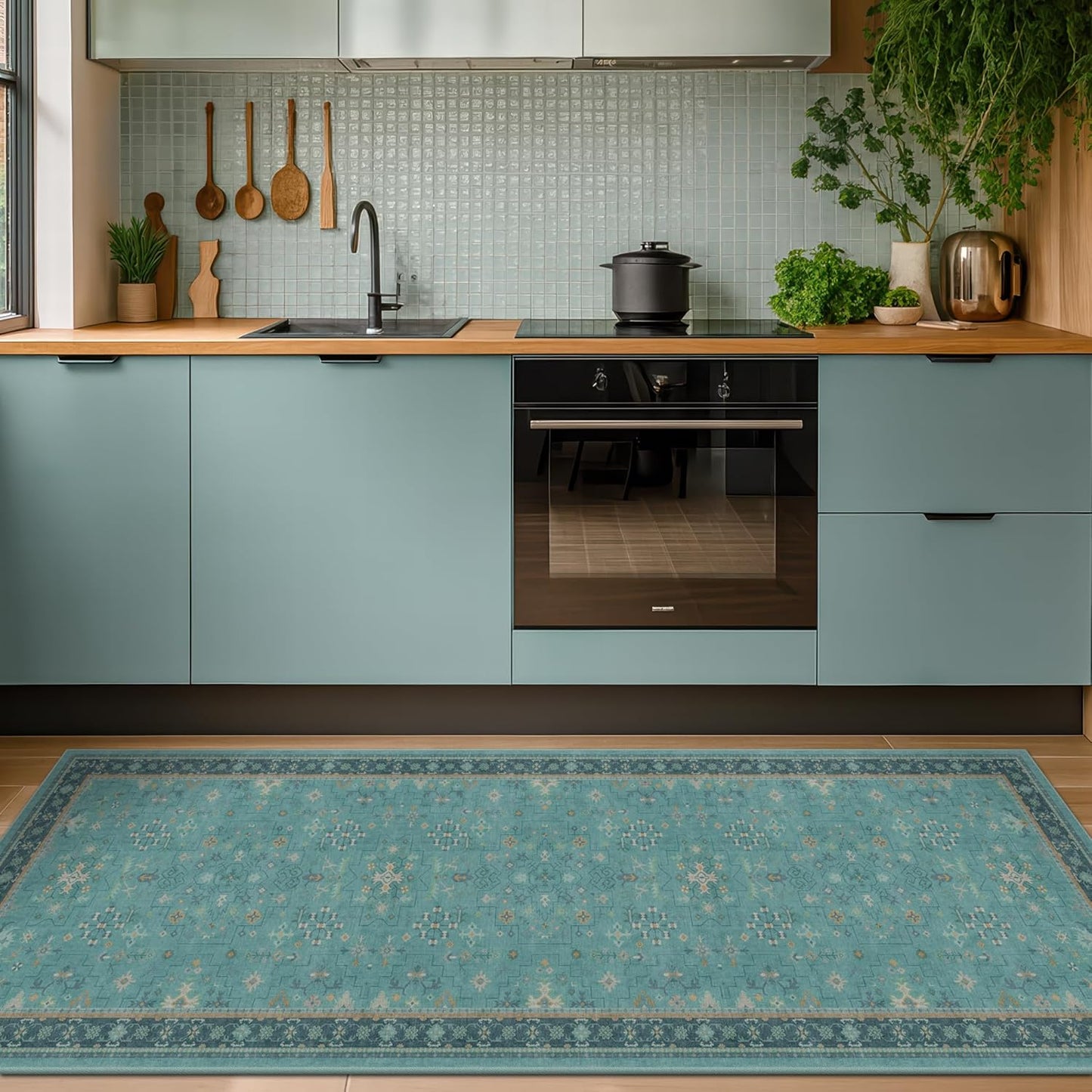 Green Area Rugs 9x12 Living Room - Washable Oriental Geometric, Extra Large for Bedroom Non Slip Soft Faux Wool Carpet for Dining Room Playroom, Lounge - Blue and Green Floral Rug