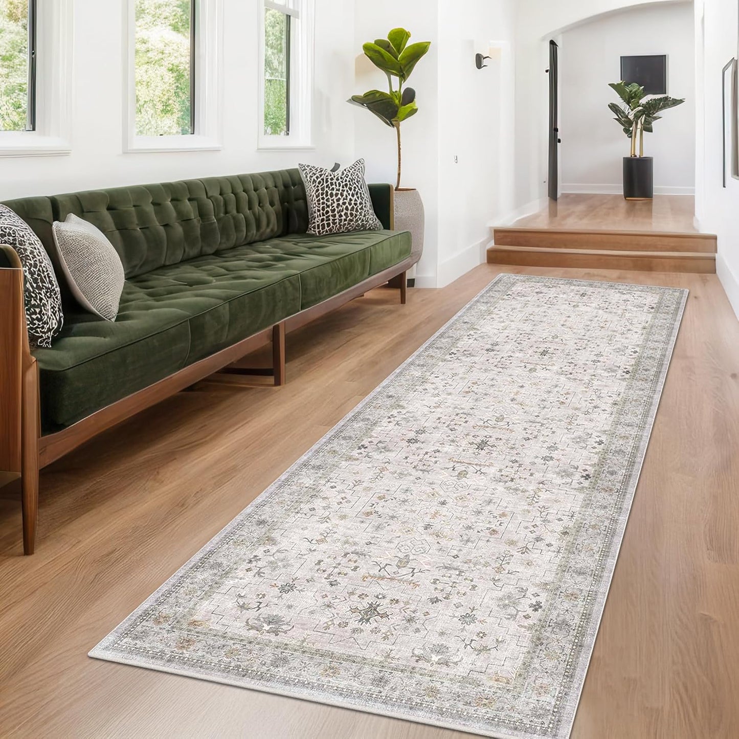 Green Area Rugs 9x12 Living Room - Washable Oriental Geometric, Extra Large for Bedroom Non Slip Soft Faux Wool Carpet for Dining Room Playroom, Lounge - Blue and Green Floral Rug