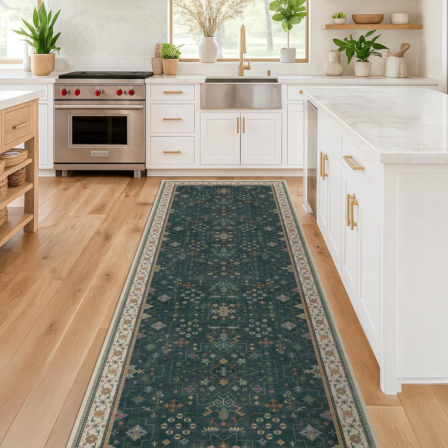 Green Area Rugs 9x12 Living Room - Washable Oriental Geometric, Extra Large for Bedroom Non Slip Soft Faux Wool Carpet for Dining Room Playroom, Lounge - Blue and Green Floral Rug