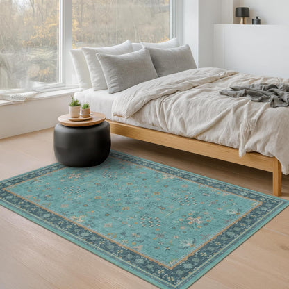 Green Area Rugs 9x12 Living Room - Washable Oriental Geometric, Extra Large for Bedroom Non Slip Soft Faux Wool Carpet for Dining Room Playroom, Lounge - Blue and Green Floral Rug